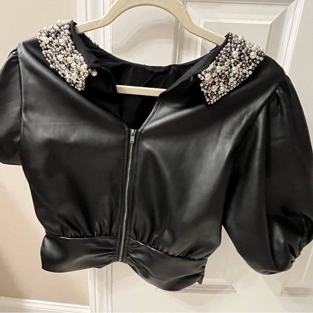 Anthropologie Maeve Black Beaded Leather Blouse - Picture 2 of 4